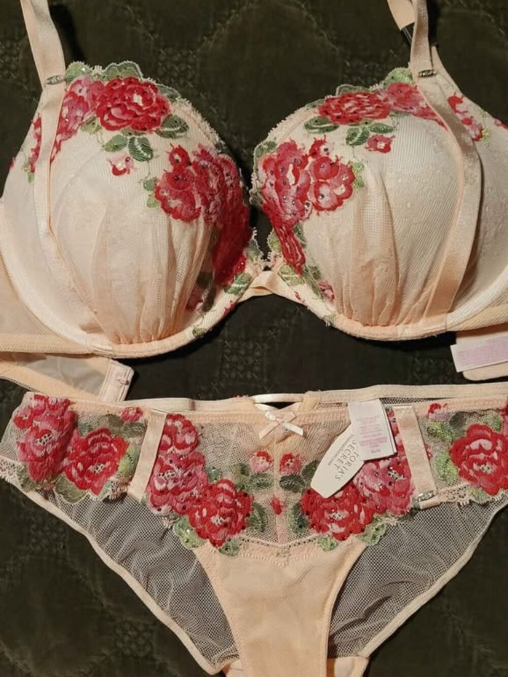 NWT Rare VS Embroidered Bra & Panty Set Pink With Roses And Rhinestones
